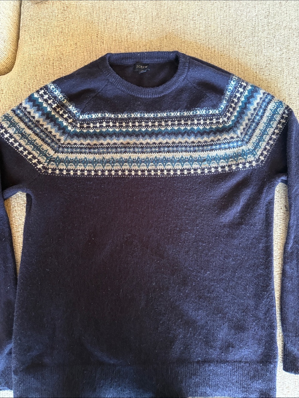 J. Crew Navy Crewneck Lambs Wool Sweater Large w/ Blue and White Fair Isle Yoke